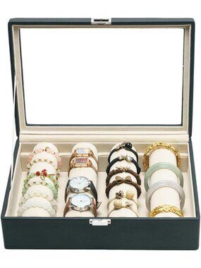 Stylish Black Leather Bracelet Organizer Case with 4 Rods - Perfect for Women!